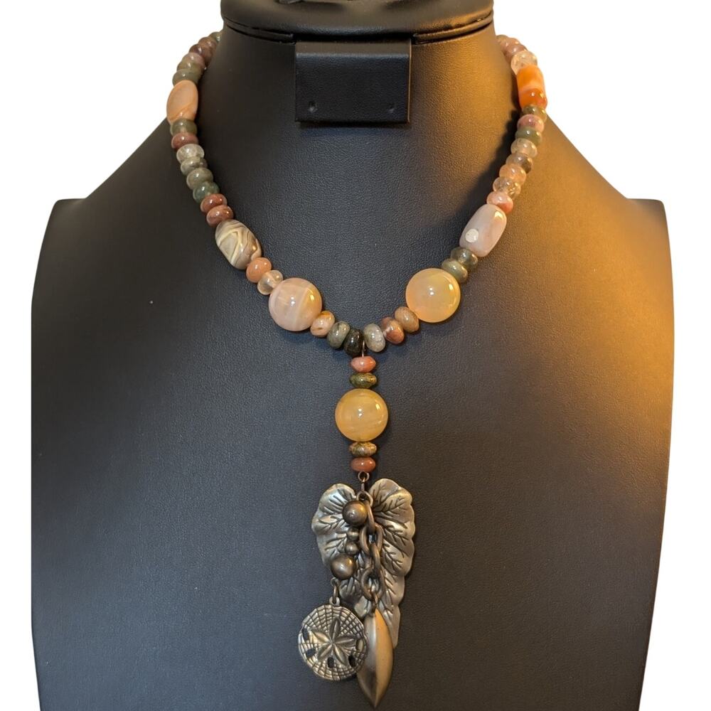 Earth Tones Agate Stone Bead Boho Tribal Bronze Charm Dangles Necklace